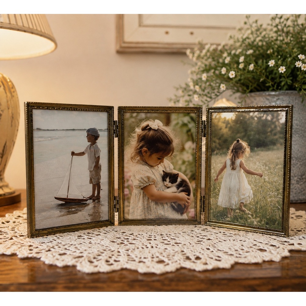 Empress Tri-Fold Picture Frame Gold Metal 5x7 Triple Hinged Vintage Ornate